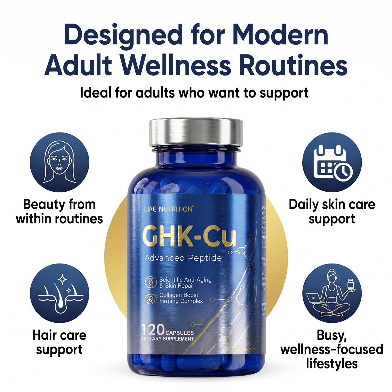 Life Nutrition GHK-Cu Copper Peptide Supplement, 120 Vegan Capsules, High Potency, Promotes Skin Repair, Radiant Skin Elasticity, Anti-Aging & Hair Growth Support