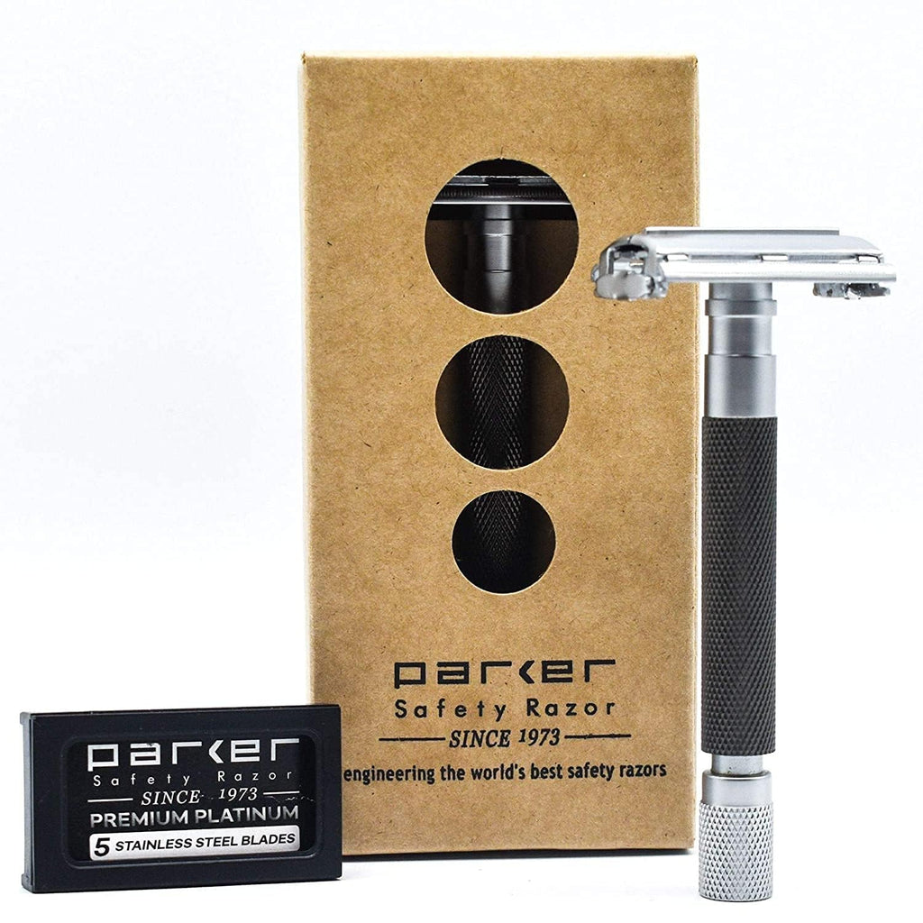 Parker 74R Graphite Gray – Long Handle Butterfly Open Safety Razor for Men | Heavyweight Double Edge Wet Shaving Razor with 5 Premium Blades