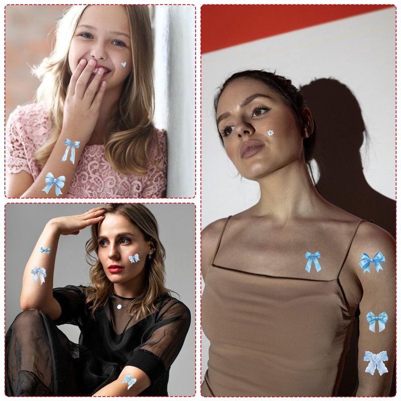 Yoyuspy Blue Bow Temporary Tattoos - 200+ Blue Coquete Birthday Decorations Bow Themed Party Favors Ribbon Tattoo Stickers Gifts Wedding Birthday Bridal Shower Supplies Prizes Rewards for Girl Women