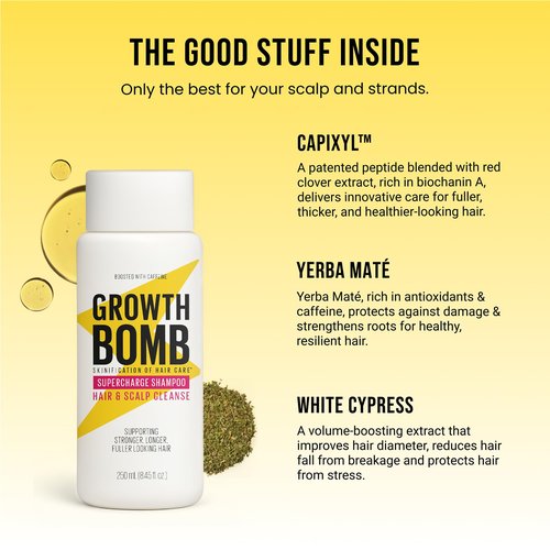 Growth Bomb Supercharge Shampoo - Clarifying Shampoo for Curly, Oily, Damaged Hair w/Tea Tree for Scalp Detox, Anti Residue Hair Wash for Women & Men, Paraben Free, Sulfate Free - 300mL