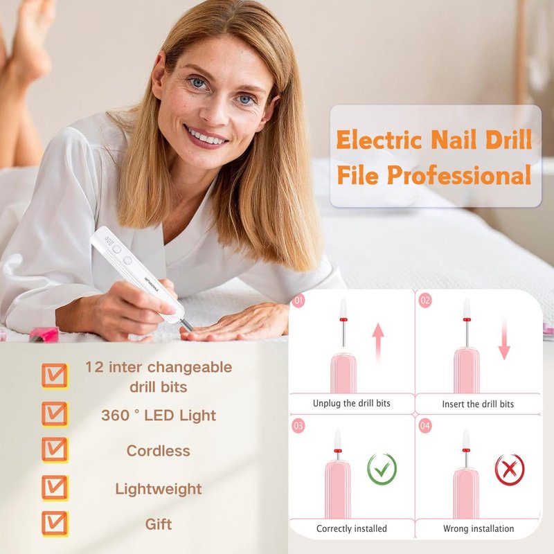 XunmotorYao Cordless Nail Drill Kit,Electric Nail File for Acrylic Gel Nails 3 Speeds Adjustable Rechargeable Electric Nail Tools Manicure and Pedicure Kit for Home&Salon(Pink)