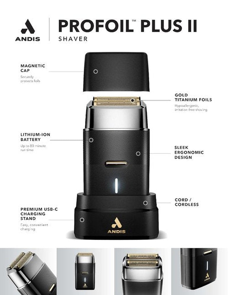 Andis Pro Foil Plus II Cordless Shaver - Gold Titanium Foils, Lithium Ion Battery, USB-C Stand, Black