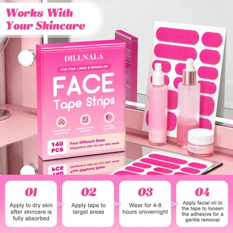 DILLNALA Face Tape Strips, Womens Overnight Anti-Wrinkle Patches, 140 Japanese Facial Lifting Tapes, Suitable For Forehead, Smile Lines, Frown Lines, 4 Sizes Smooth And Firm - Latex-Free