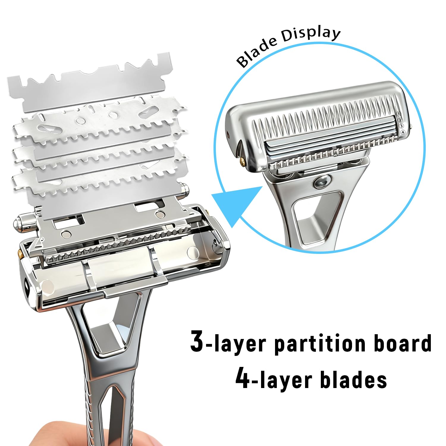 4-Layer Half-Blade Safety Razor- Flexible Head & Alloy Handle, with 10 Coated Blades, Leather Travel Case & Metal Stand - For Face and Body Shaving (Silver)