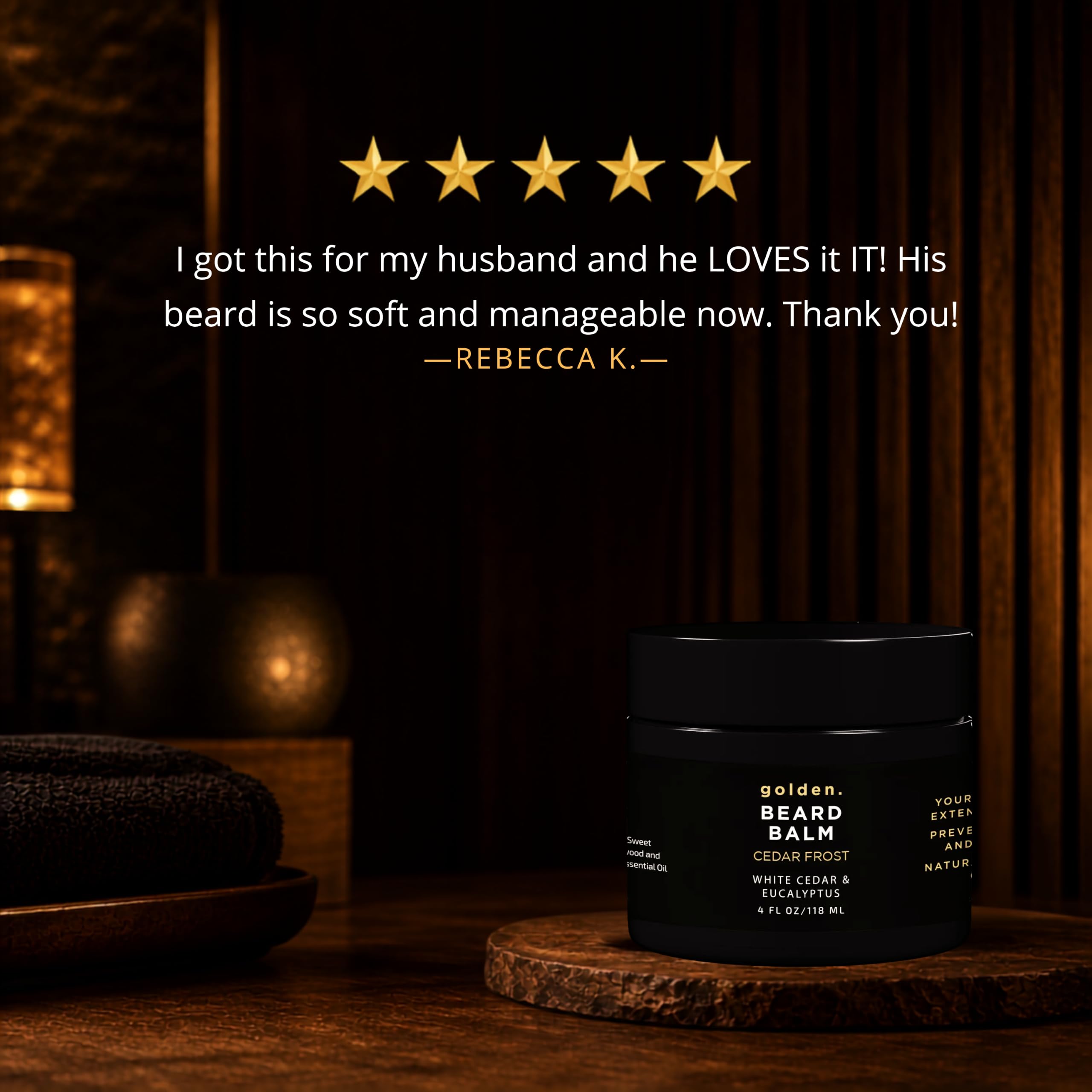 Golden Grooming Beard Balm - Tames Flyaways & Promotes Thicker Growth - Natural Styling Wax with Shea & Mango Butter - Relieves Beard Itch & Dandruff - Cedar Frost, 4oz