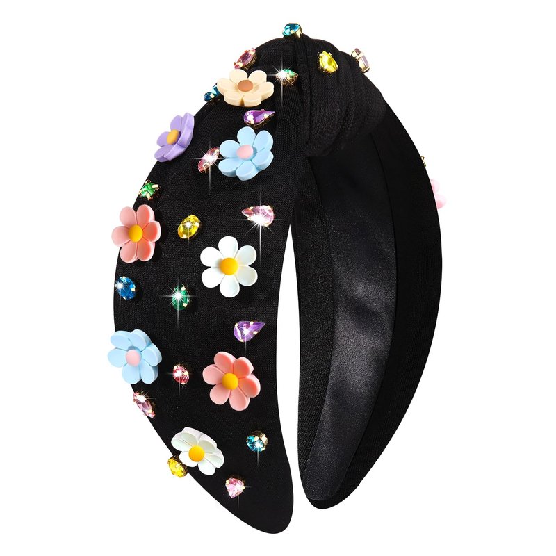 vokone Flower Headbands for Women Girls Crystal Jeweled Embellished Knotted Headband Statement Summer Headband Beach Accessories(Black-Colorful)