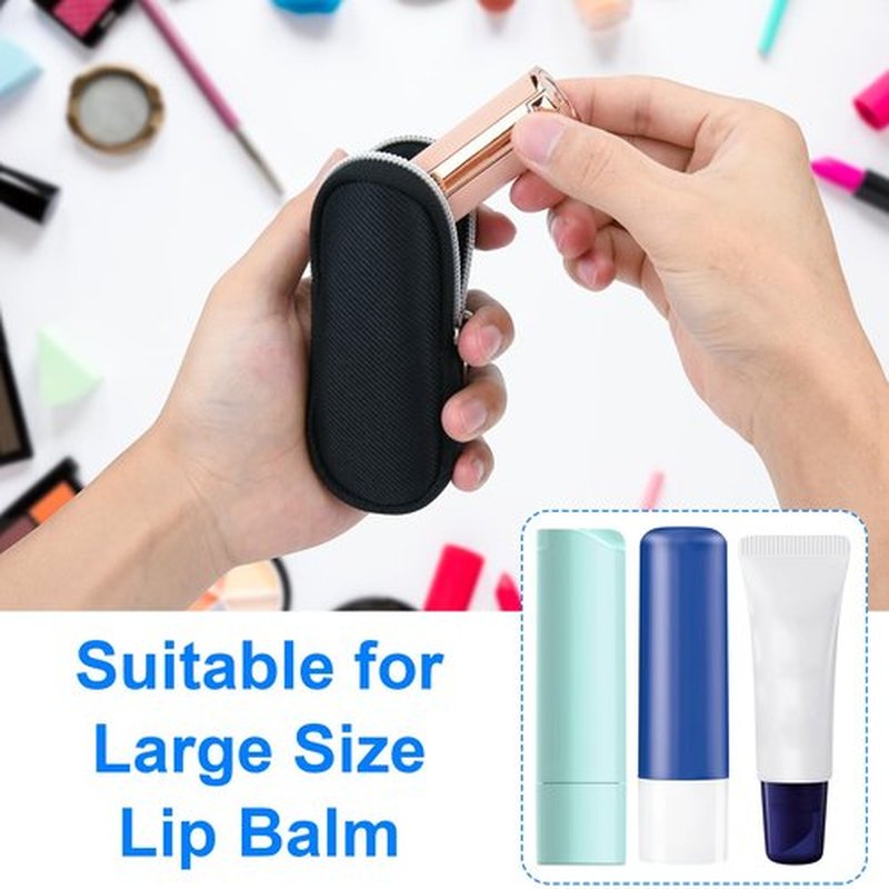 Portable Lip Balm Organizer Case with Keychain, Travel Chapstick Holder Storage Bag, Waterproof Small Cosmetic Organizer, Anti-Lost Lipstick Lip Gloss Sleeve Pouch Keeper Case (Black, Large)