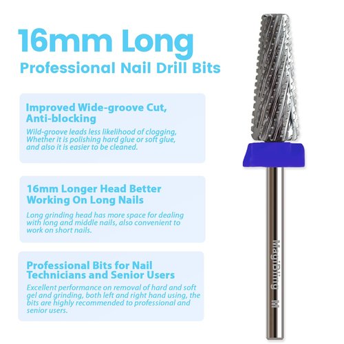 Nail Drill Bits, 5-in-1 Tungsten Carbide 3/32'' Professional Bit, Anti-Clogging Cut Design, 16mm Long Head For E-File, Removes Acrylic Hard & Soft Gel, Left or Right Hand Use, Medium