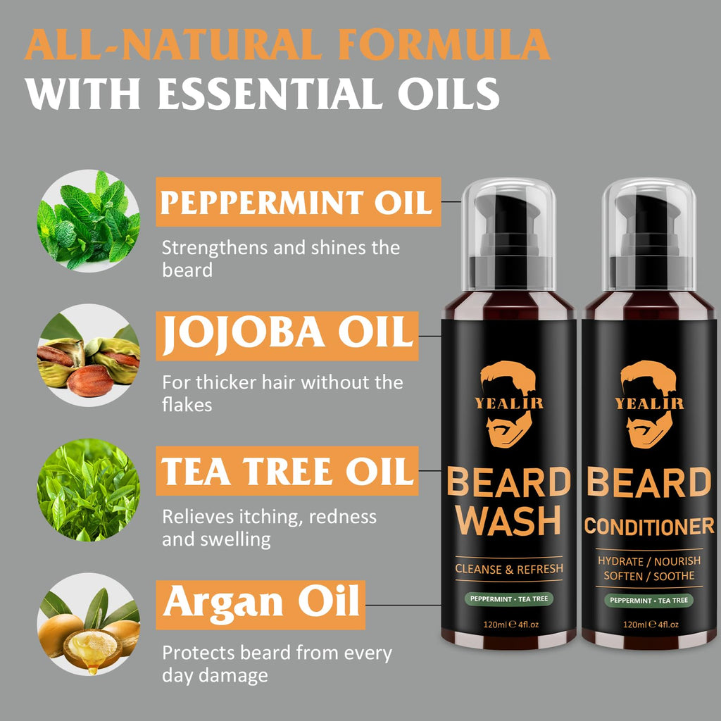 Beard Wash, Beard Conditioner w/Tea Tree Oils, Reduces Beard Dandruff & Relieves Itching, Strengthens, Softens and Nourishes Dry & Coarse Beards - Beard Shampoo w/Beard Brush 2 x 4 Fl Oz