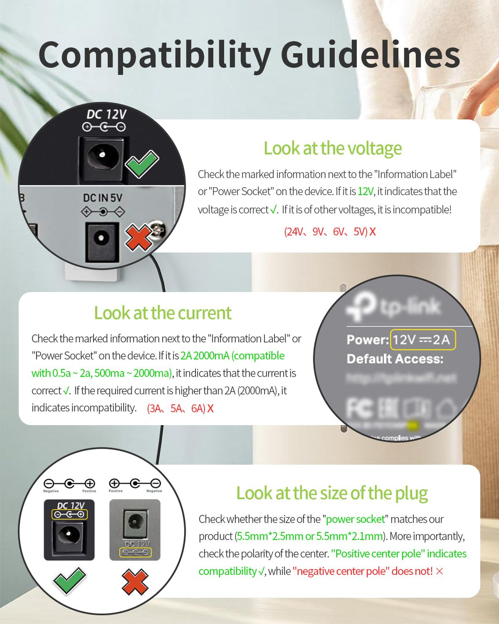 12V 2A Power Supply AC Adapter Replacement with 8 Tips, Regulated 12 Volts 2000mA Cord Charger for LED Strip Light, CCTV Camera, GPS, Webcam, Router, BT Speaker DC12V Transformer (6ft)