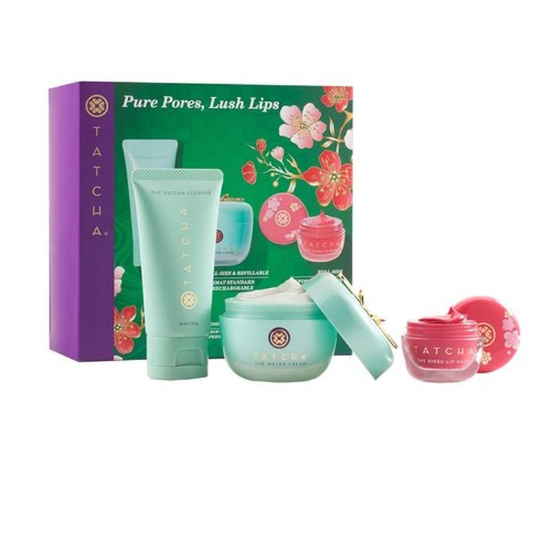 TATCHA Pure Pores & Lush Lips Set - Matcha Cleanse, Water Cream & Limited-Edition Kissu Lip Mask