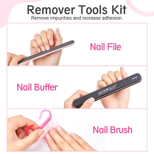 AZUREBEAUTY Nail Polish Gel Remover Tools Kit with Nail Clips, 150ml Remover Bottle, 10ml Cuticle Oil, 100 Nail Remover Cotton Balls, Cuticle Pusher Peeler Brush, 100/180 Nail File, Buffer Tools