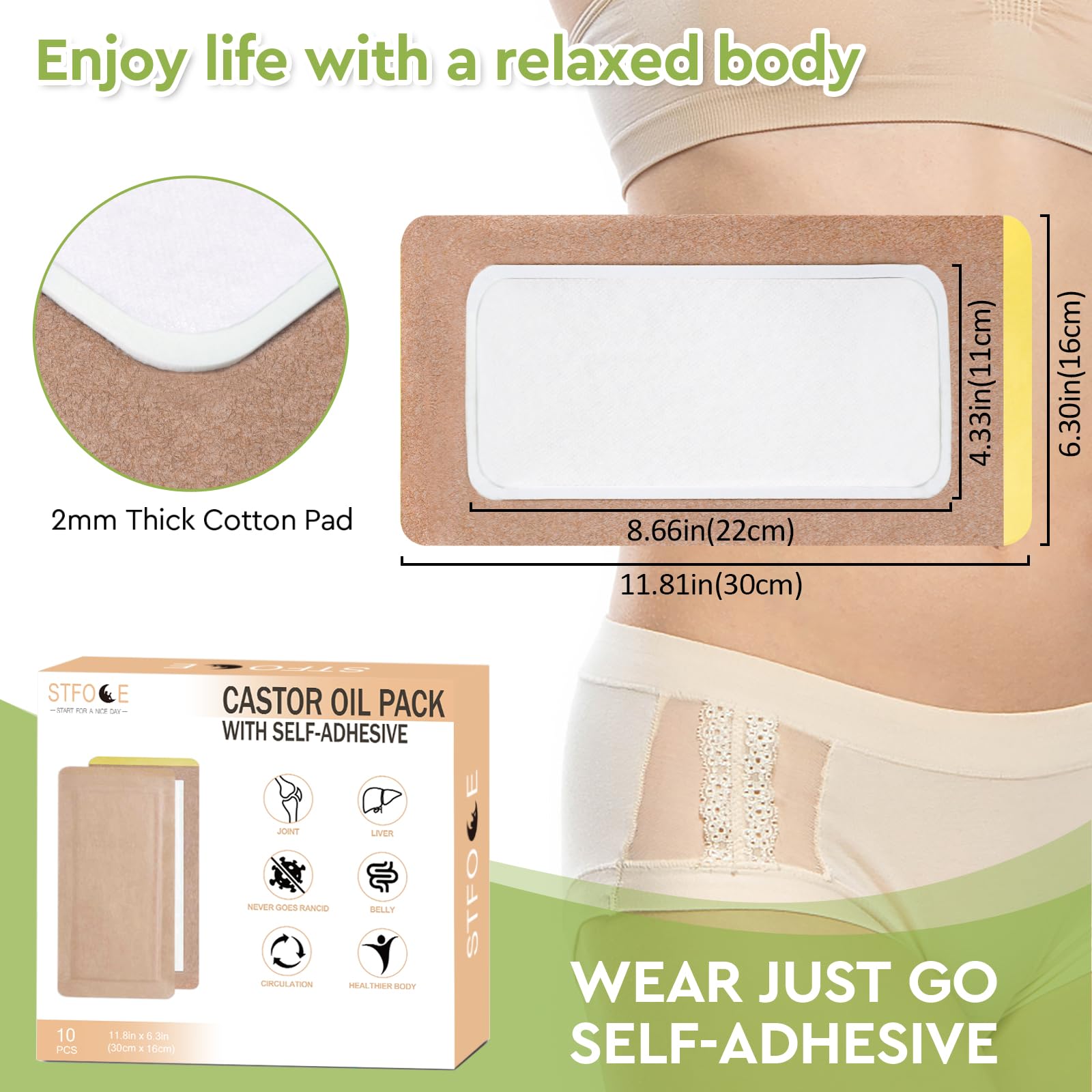 STFOCE 10pcs Castor Oil Pack Wrap, Large Castor Oil Pack Self-Adhesive, 11.8"x6.3", No Leakage, No Wash, Portable (Oil Not Included)