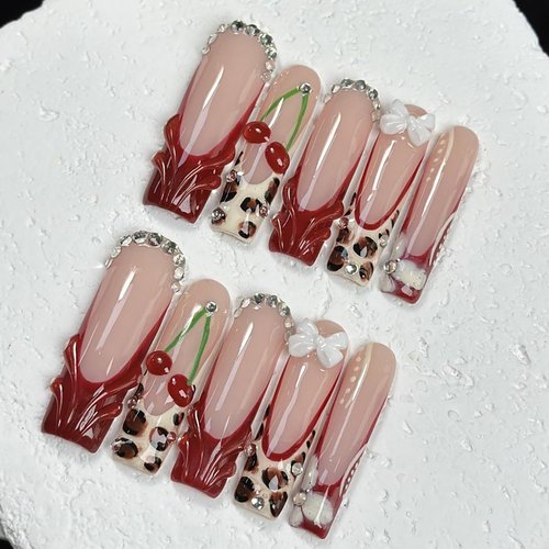 RIICFDD Long Press on Nails Square Leopard Print French Tip Fake Nails Glue on Nails with Cherry Charms and Rhinestones Designs Acrylic False Nails Full Cover Stick on Nail for Women 24Pcs