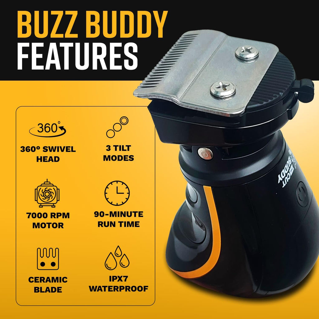 Buzz Buddy 360° Clipper, Swivel Head Grooming Tool, Ceramic Blade (0.5–2.0mm), Quiet 7000 RPM Motor, IPX7 Waterproof, Cordless Kit