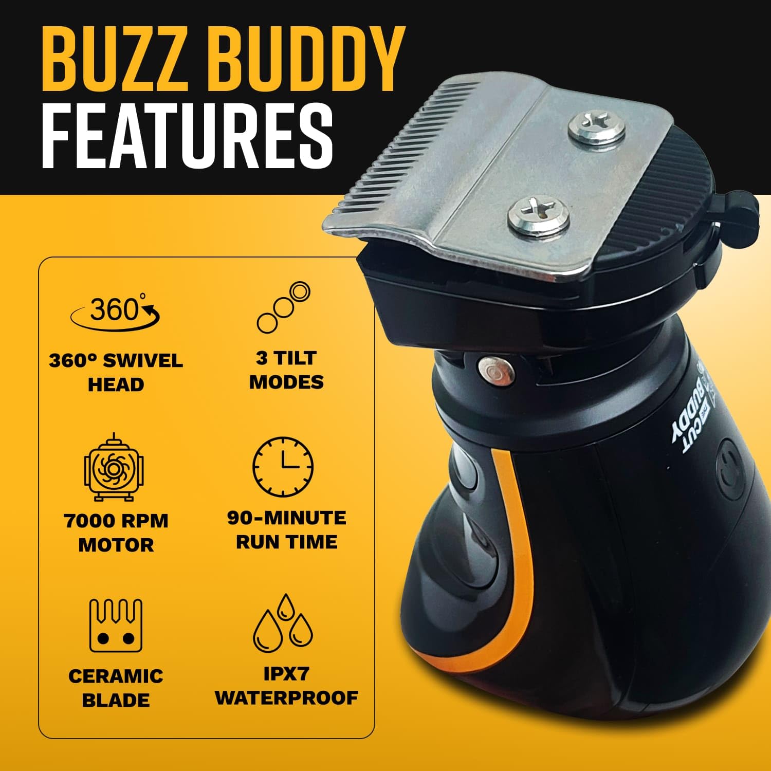 Buzz Buddy 360° Clipper, Swivel Head Grooming Tool, Ceramic Blade (0.5–2.0mm), Quiet 7000 RPM Motor, IPX7 Waterproof, Cordless Kit