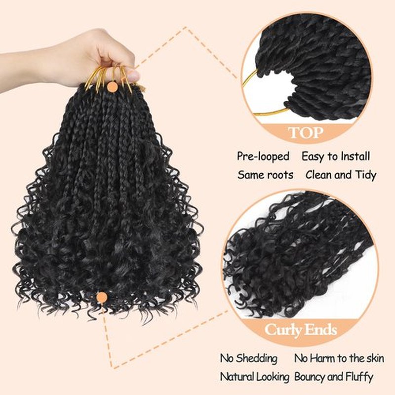 Goddess Box Braids Crochet Hair 1B - 8 Inch Pre Looped Boho Crochet Braids with Curly Ends, 8 Packs Crochet Hair for Black Women Boho 3X Synthetic Braiding Hair Extensions