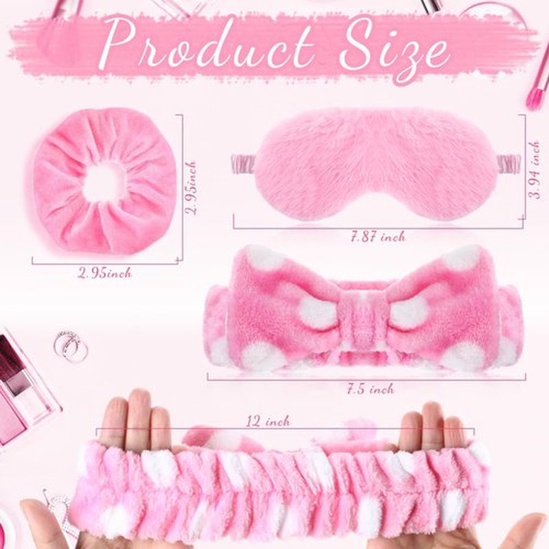 Maiteenly 18 Pcs Sleepover Party Supplies Include 6 Bow Spa Headbands, 6 Eye Mask and 6 Velvet Scrunchies Pink Party Favors for Women Makeup Gift Bachelorette Slumber Wedding