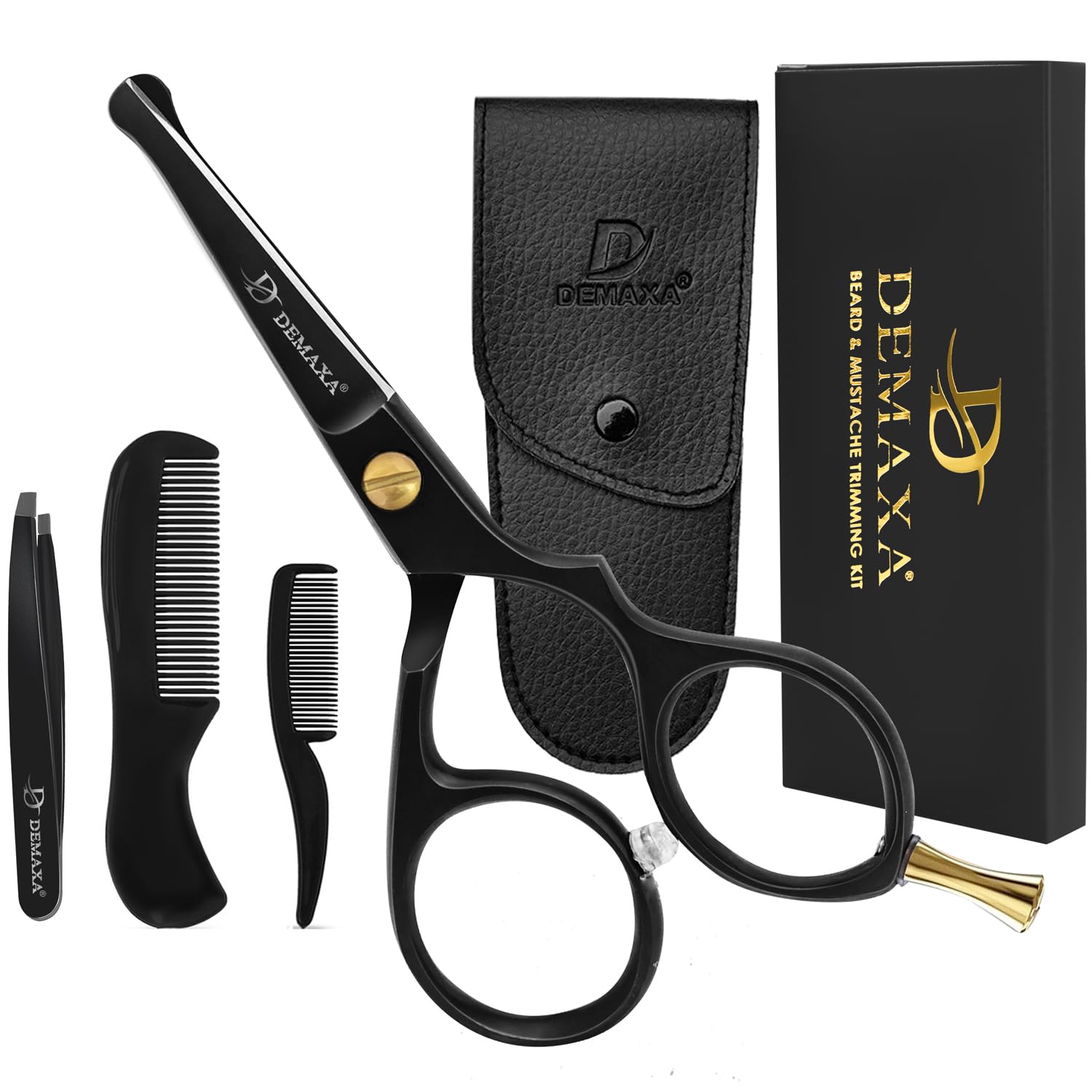 Premium 4.2 Blunt Tip Professional Mustache Scissors Beard Scissors for Men with Slanted Tweezers 1 Mustache Comb 1 Beard Comb & Pouch – Beard Trimming kit & Mustache Kit