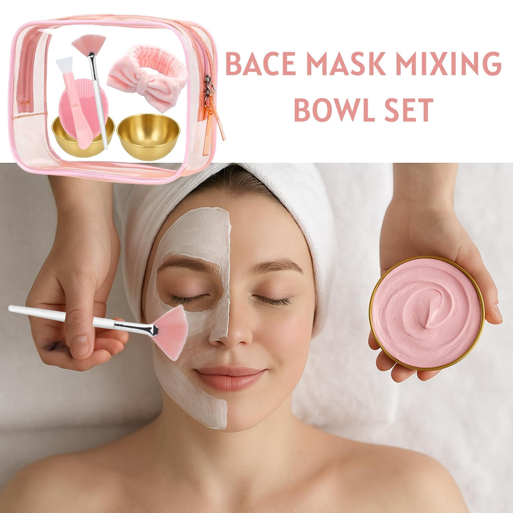 7 Pcs Esthetician Supplies Set for Facials - 2 Gold Facial Bowls, 1 Facial Fan Brushes, 1 Flat Brush, 1 Pink Facial Headbands, 1 Silicone Facial Cleansing Brush, Clear Cosmetic Bag
