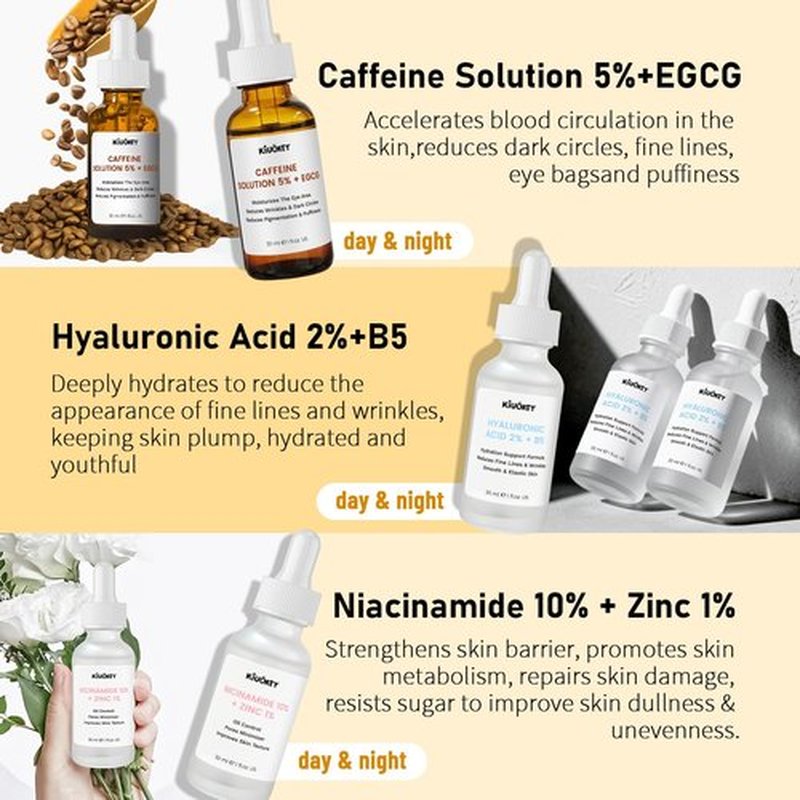 Advanced Face Serum Set 3 PCS - 5% Caffeine Solution + Niacinamide + Hyaluronic Acid Serums - Anti-Aging Serum Reduces Wrinkles, Minimizes Pores & Firming, Improves Texture for All Skin Types