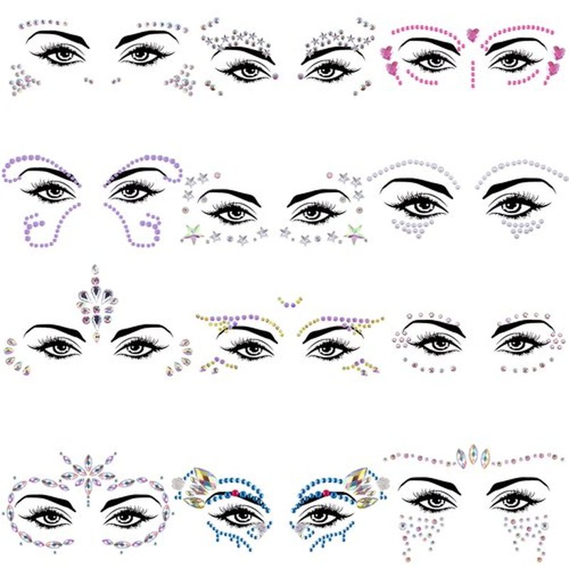 SIQUK 12 Sets Face Jewels Rhinestone Face Gems Stick on Crystal Face Jewel Stickers Mermaid Face Jewels for Rave Carnival Festival Party