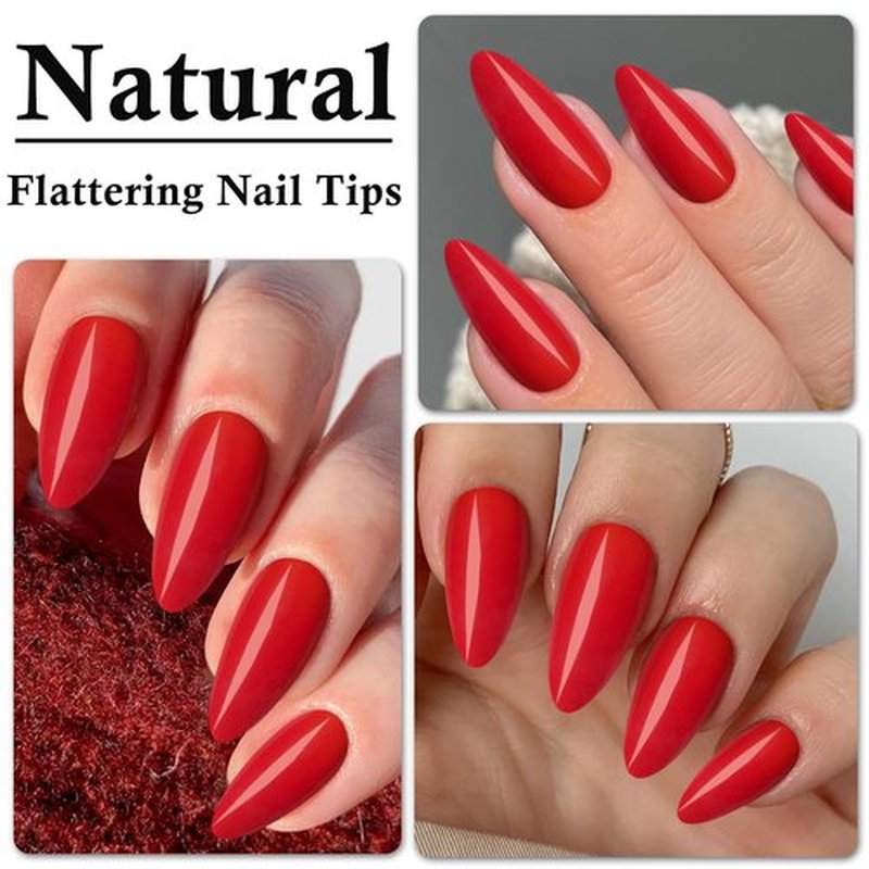 LoveOurHome 360pc Almond Press on Nails Medium Fake Nails Short Stiletto Nail Tips Full Cover Fase Nail Red Acrylic Nails Press ons Nail Almond Fingernail with Glue Adhesive Tabs for Women Girls