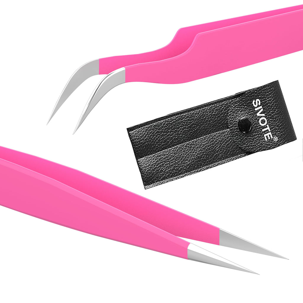 Lash Tweezers for Eyelash Extensions, Pink, Straight & Curved Tips