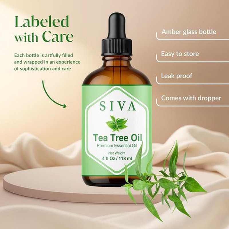Siva Tea Tree Essential Oil - 100% Natural 4 Fl Oz for Diffuser, Face, Skin Care & Aromatherapy | Dropper Included