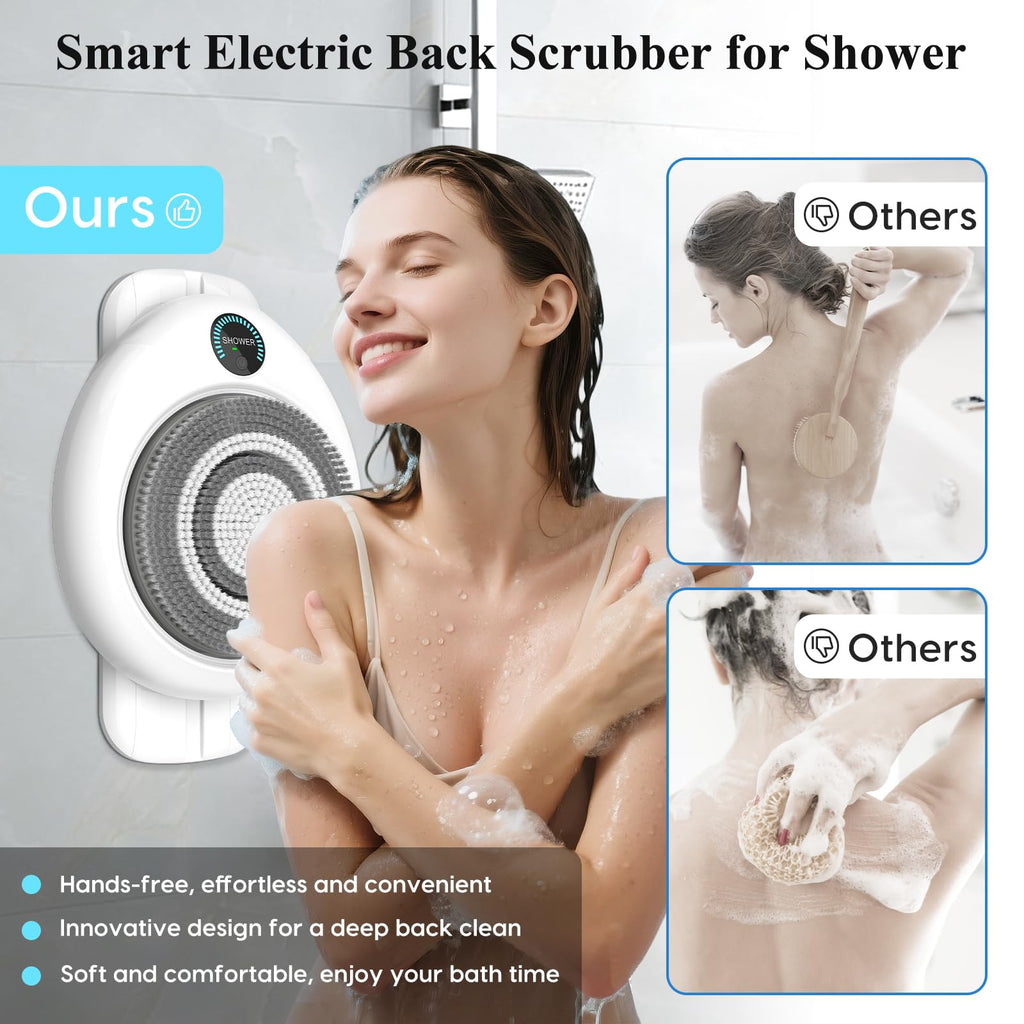 Electric Back Scrubber for Shower - Wall Mounted Exfoliating Brush, Hands-Free Automatic Body Scrubber, IPX7 Waterproof, 3-Speed Adjustment, 3 Replaceable Heads with 50pcs Disposable Shower Caps