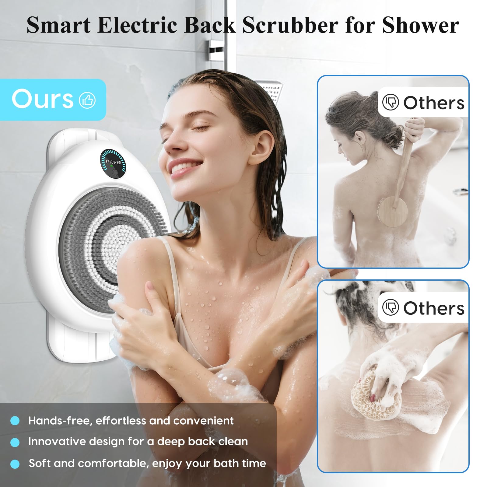 Electric Back Scrubber for Shower - Wall Mounted Exfoliating Brush, Hands-Free Automatic Body Scrubber, IPX7 Waterproof, 3-Speed Adjustment, 3 Replaceable Heads with 50pcs Disposable Shower Caps