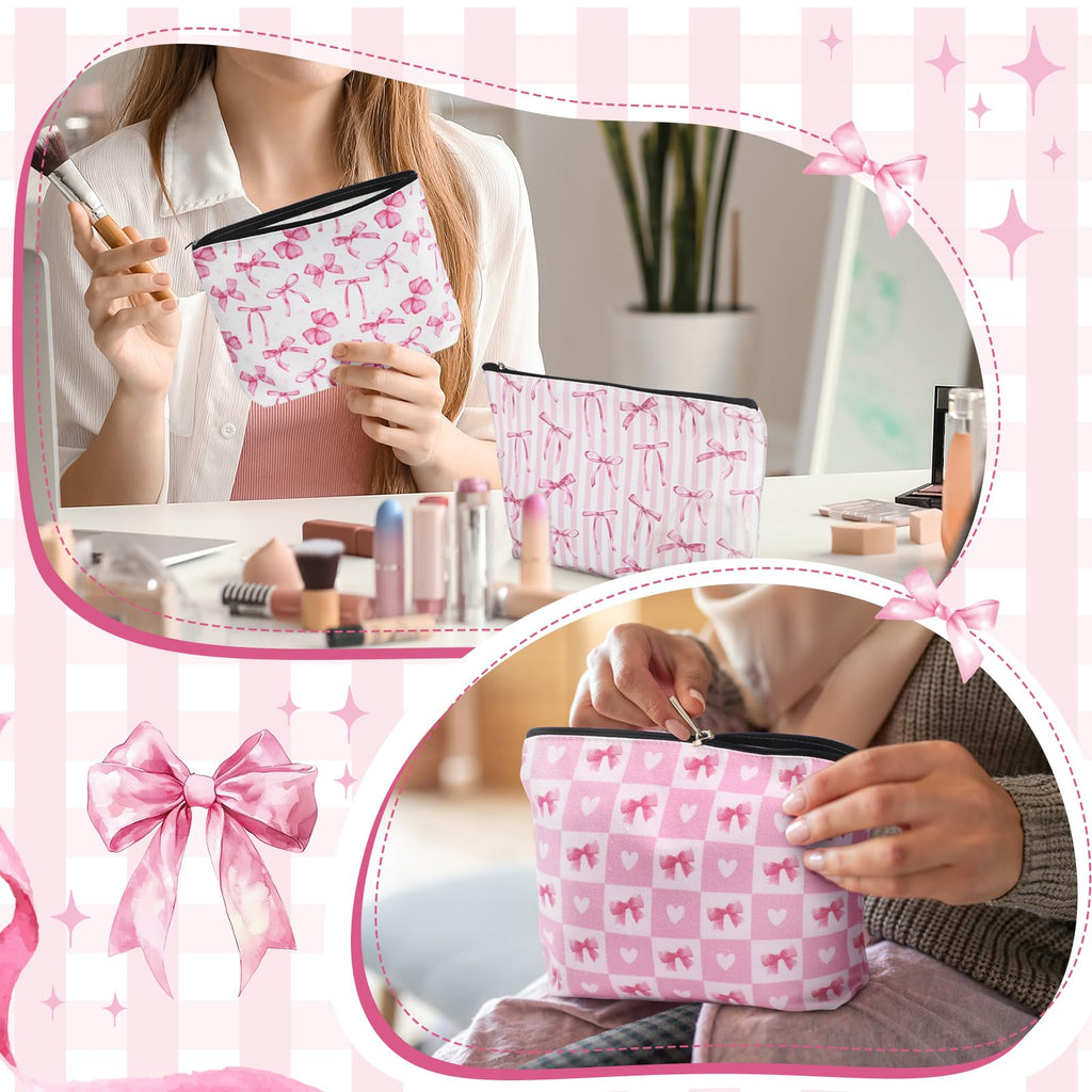 Reginary 12 Pcs Pink Bow Makeup Bags Coquette Bow Cosmetic Bags with Zippers Coquette Party Favors Pink Aesthetic Elegant Pouch Bulk Gifts for Women Mother's Day Birthday Supplies Travel Accessory