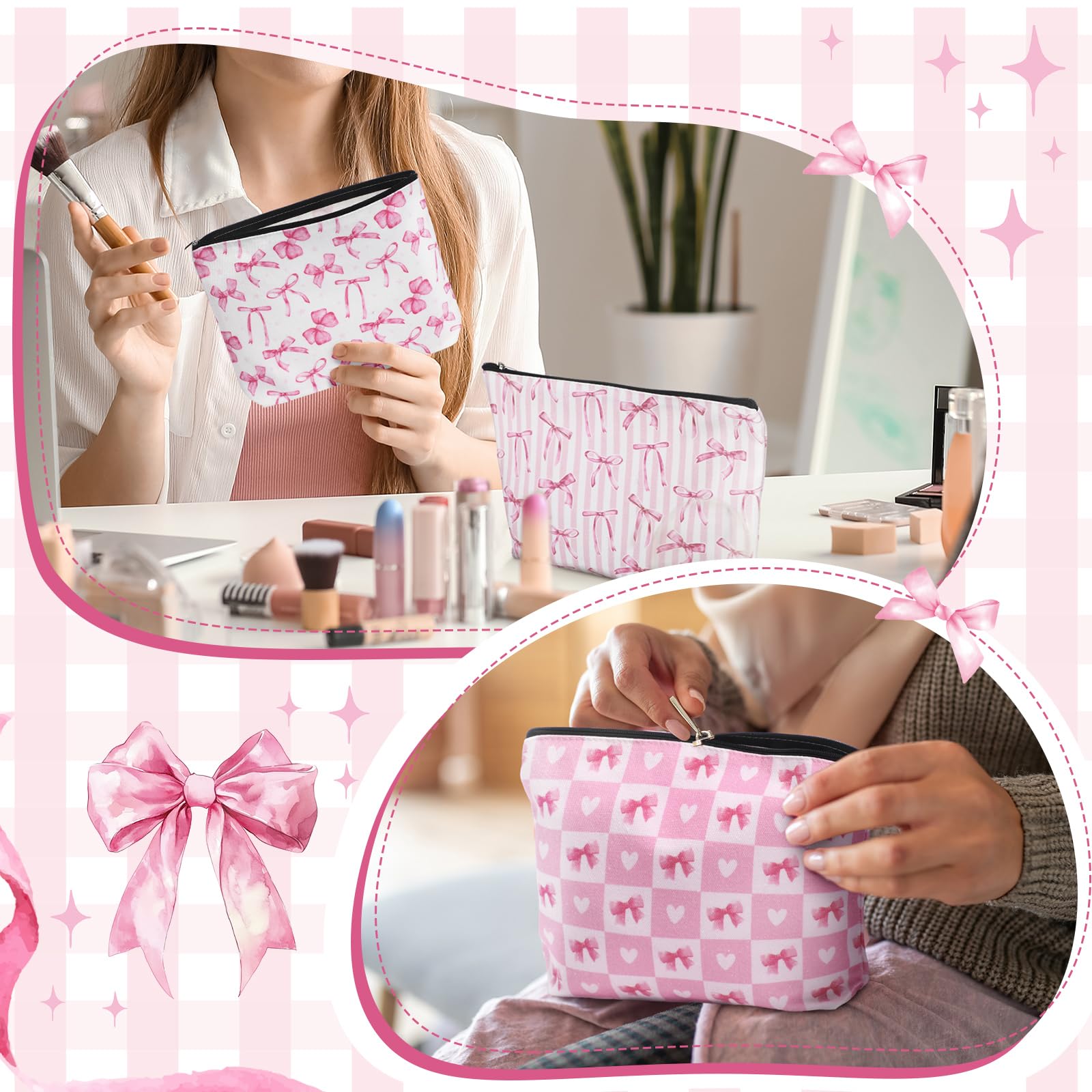 Reginary 12 Pcs Pink Bow Makeup Bags Coquette Bow Cosmetic Bags with Zippers Coquette Party Favors Pink Aesthetic Elegant Pouch Bulk Gifts for Women Mother's Day Birthday Supplies Travel Accessory