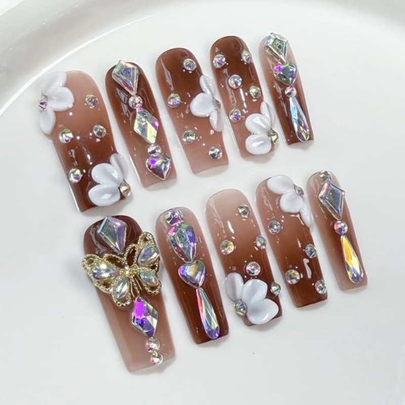 Generic Rhinestone Press On Nails Luxury Handmade Long Coffin Acrylic Nails 3D Flower Butterfly Designs Gradient Thick Fake Nails Full Cover Stick On Nails for Women Nails Manicure Decor (10pcs/box)