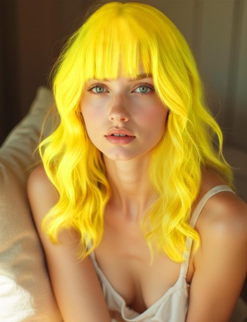 LOHO WONDERZ Wavy Wig and Sunglasses Set - 15 Inch Wavy Wig With Bangs - Heat Resistant Shoulder Length Curly Bob Wigs for Women - Bachelorette Party Costume Cosplay (Yellow)