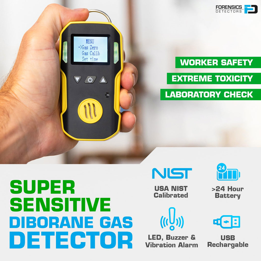 Diborane Gas Detector (B2H6) by Forensics | USA NIST Calibration & Certificate | Dust & Explosion Proof | USB Recharge | Sound, Light and Vibration Alarms | 0-5 ppm |