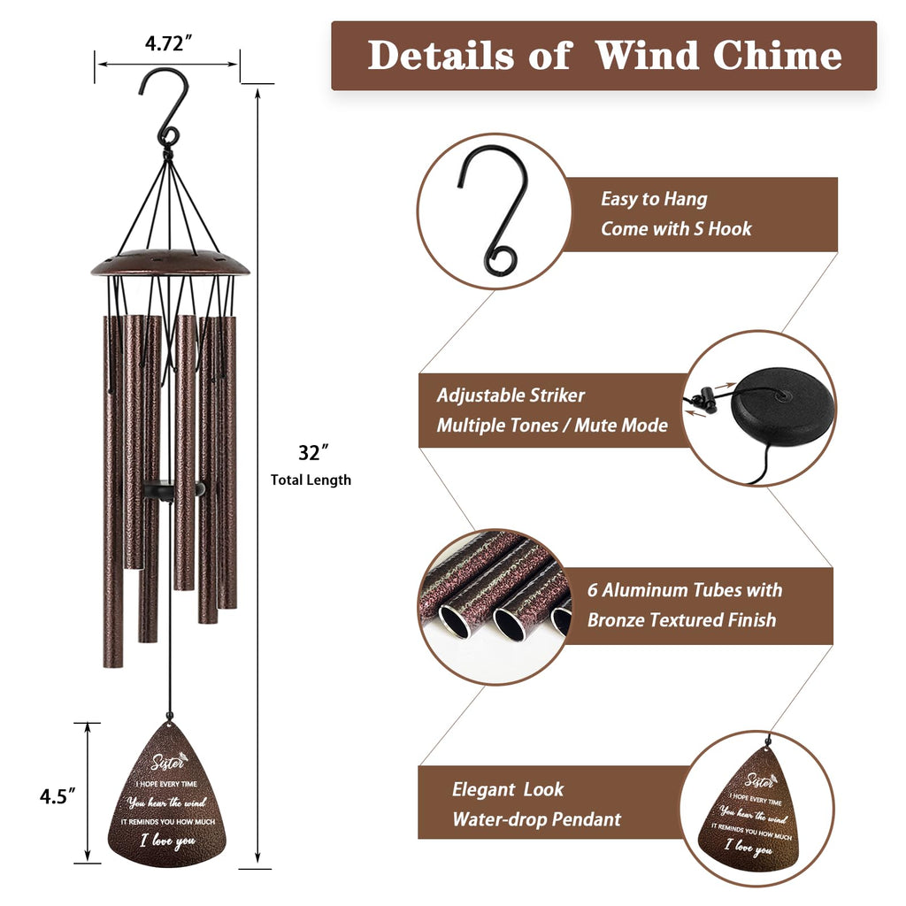 Soopau Sister Gifts, 32" Bronze Wind Chimes Sister Gifts for Women, Gifts for Sister, Sisters Gifts from Sister, Gifts for Sister in Law, Best Sister Ever Gifts