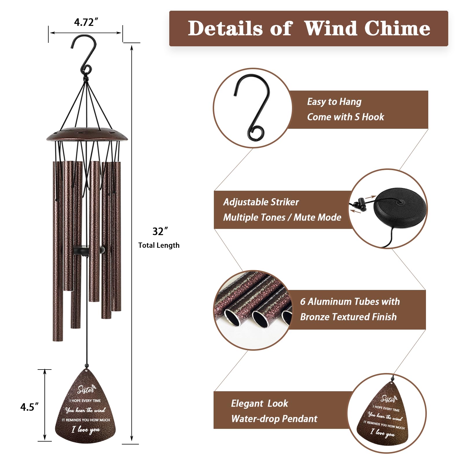 Soopau Sister Gifts, 32" Bronze Wind Chimes Sister Gifts for Women, Gifts for Sister, Sisters Gifts from Sister, Gifts for Sister in Law, Best Sister Ever Gifts