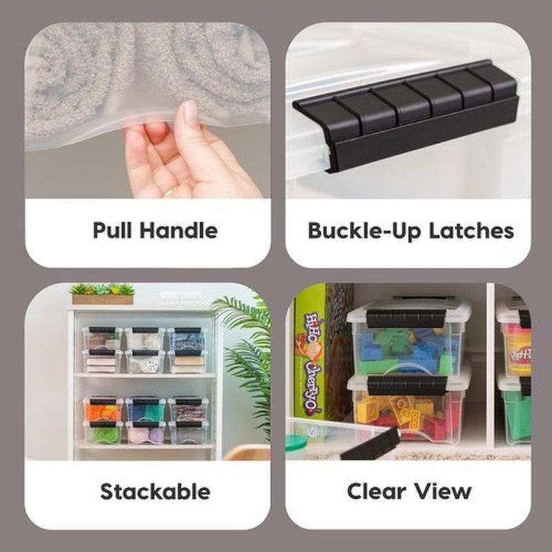 IRIS USA Stackable Plastic Storage Bins - BPA-Free, Durable 6 Quart Containers with Lids | Clear/Black, 3 Pack