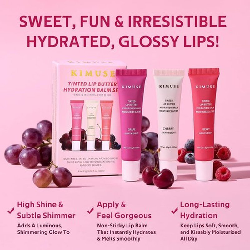 KIMUSE Tinted Lip Butter - Hydrating Lip Treatment with Hyaluronic Acid & Vitamin E | 3 Pack for Moisture & Shine