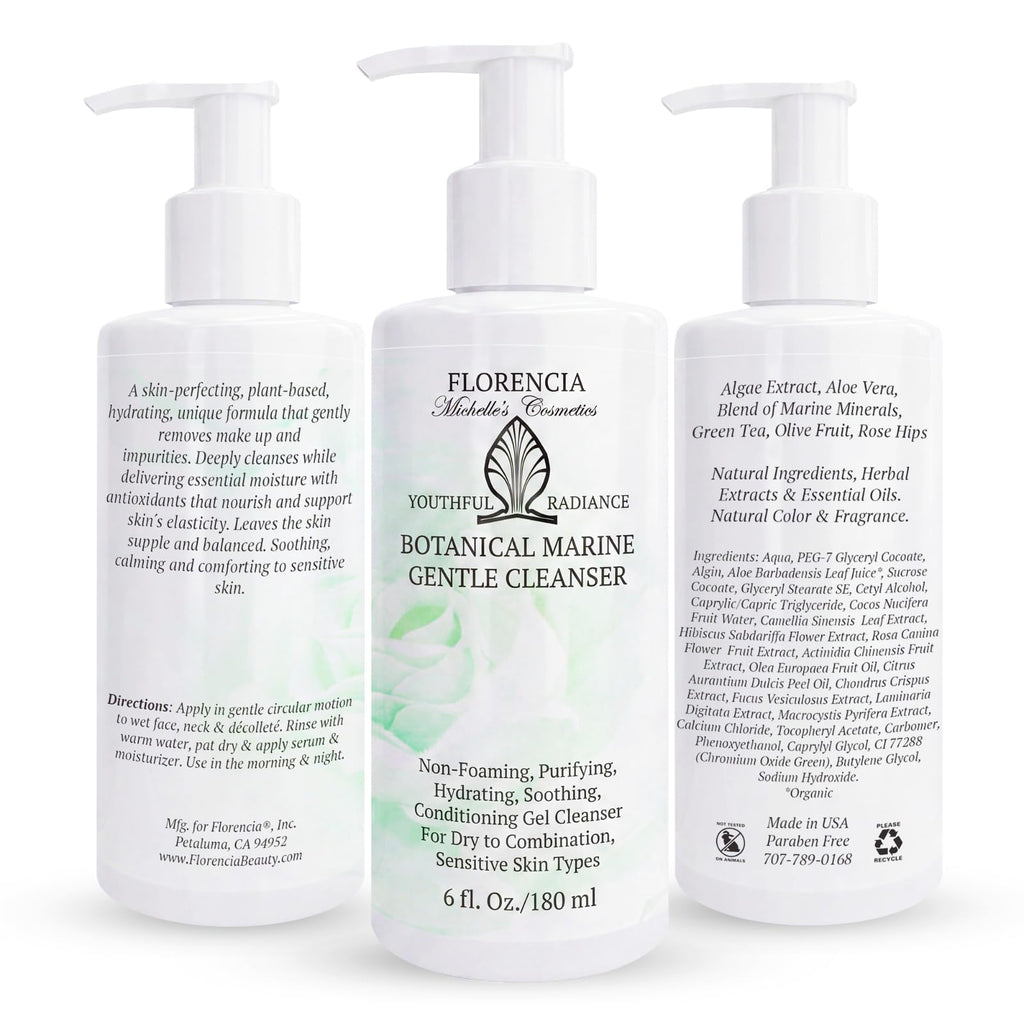 Florencia Botanical Marine Gentle Cleanser – Non Foaming Hydrating Purifying Face Wash with Marine Algae Seaweeds and Organic Botanicals for Dry Normal and Sensitive Skin – 6 Fl Oz