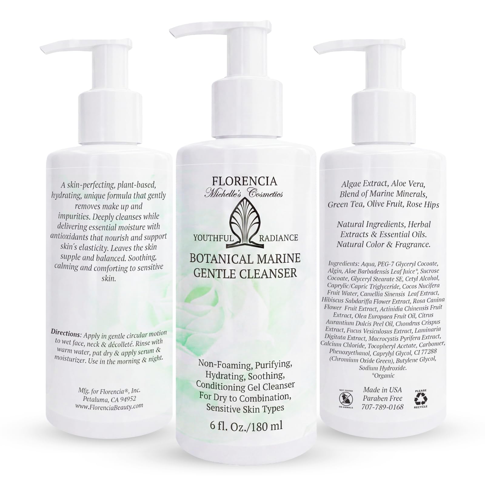 Florencia Botanical Marine Gentle Cleanser – Non Foaming Hydrating Purifying Face Wash with Marine Algae Seaweeds and Organic Botanicals for Dry Normal and Sensitive Skin – 6 Fl Oz