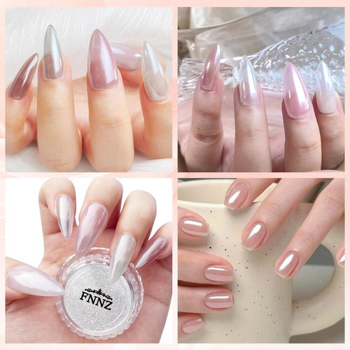 FNNZ White Chrome Nail Powder, Clear Glazed Donut Mermaid Aurora Nail Powder Pigment Pearlescent Nail Art Glitter Decoration for Home DIY Nail Salon Manicure - Glaze White
