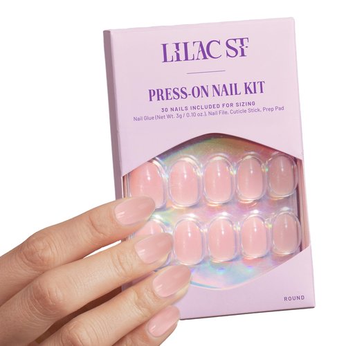 Lilac St - Press on Nails, Sheer Chemise (30 Nails, 15 Sizes) - Short, Round, Glossy, Opaque - Brush-On Nail Glue, Nail File, Cuticle Stick, Prep Pad - Reusable - Cruelty Free, Vegan, Women Founded