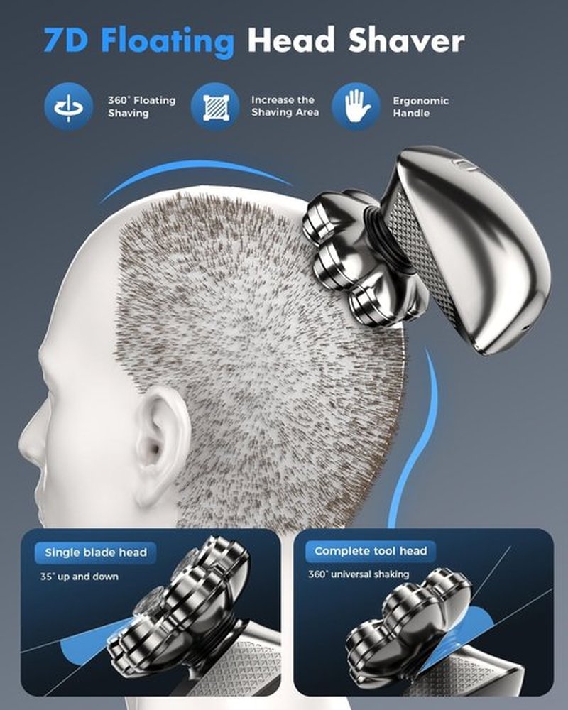 7D Electric Head Shaver - 5-in-1 Grooming Kit for Bald Men | Waterproof, Travel-Ready, LED Display