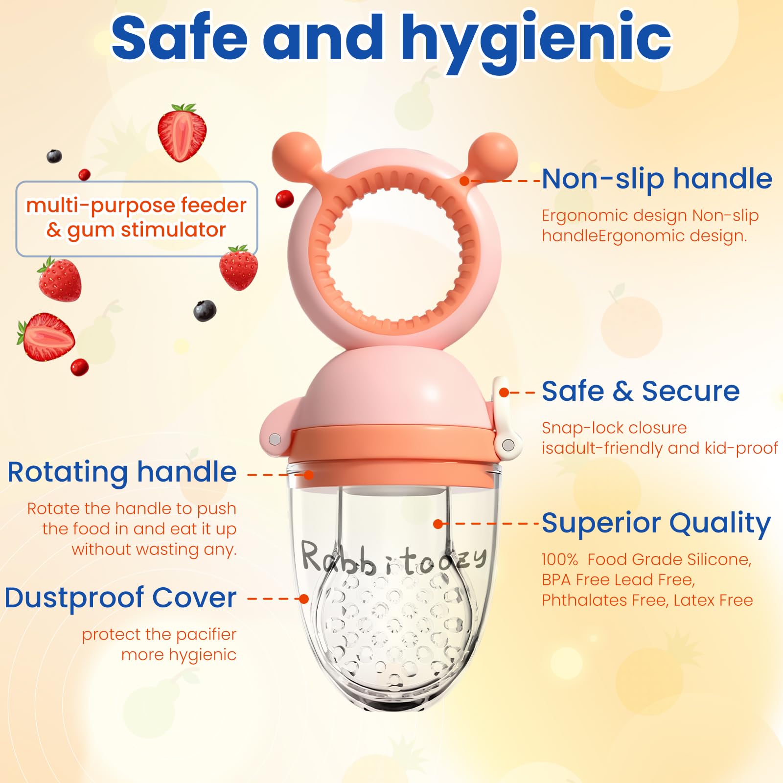 Baby Fruit Food Feeder Pacifier - Fresh Teething Pacifiers, 3 Different Size Silicone Pouch,Teethers for Babies 6-24Months, Baby Solid Food Essentials, Nutrition Feeder, BPA Free,1 Pice, Orange