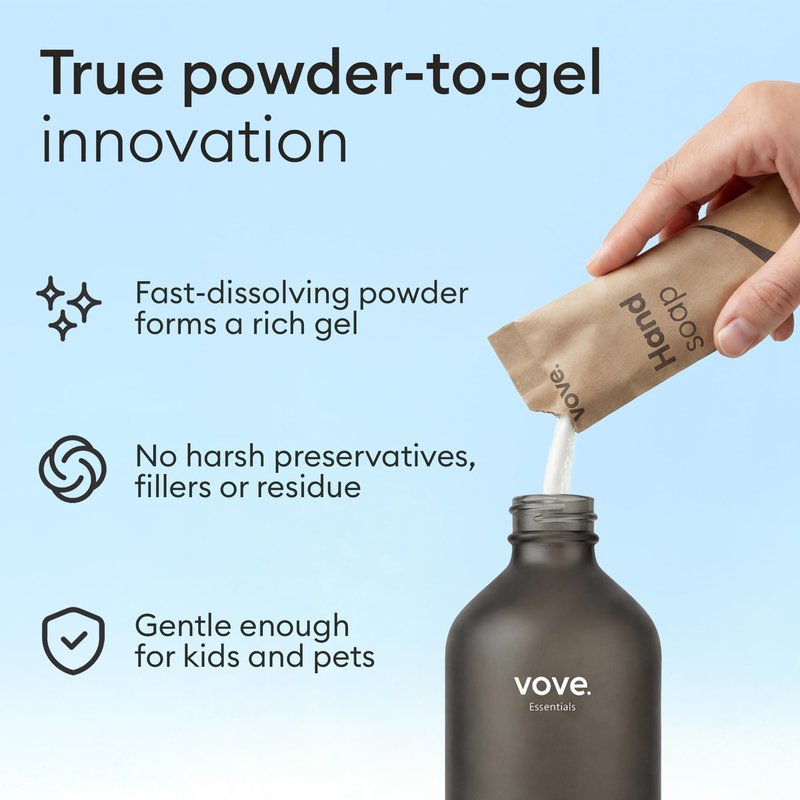 Vove Hand Soap Starter Set with Refillable Dark Glass Pump Bottle & 3 Refills, Mandarin Geranium & Cedarwood, Powder-to-Gel with Aloe Vera & Cactus Extract, Plant-Based Formula, Plastic-Free