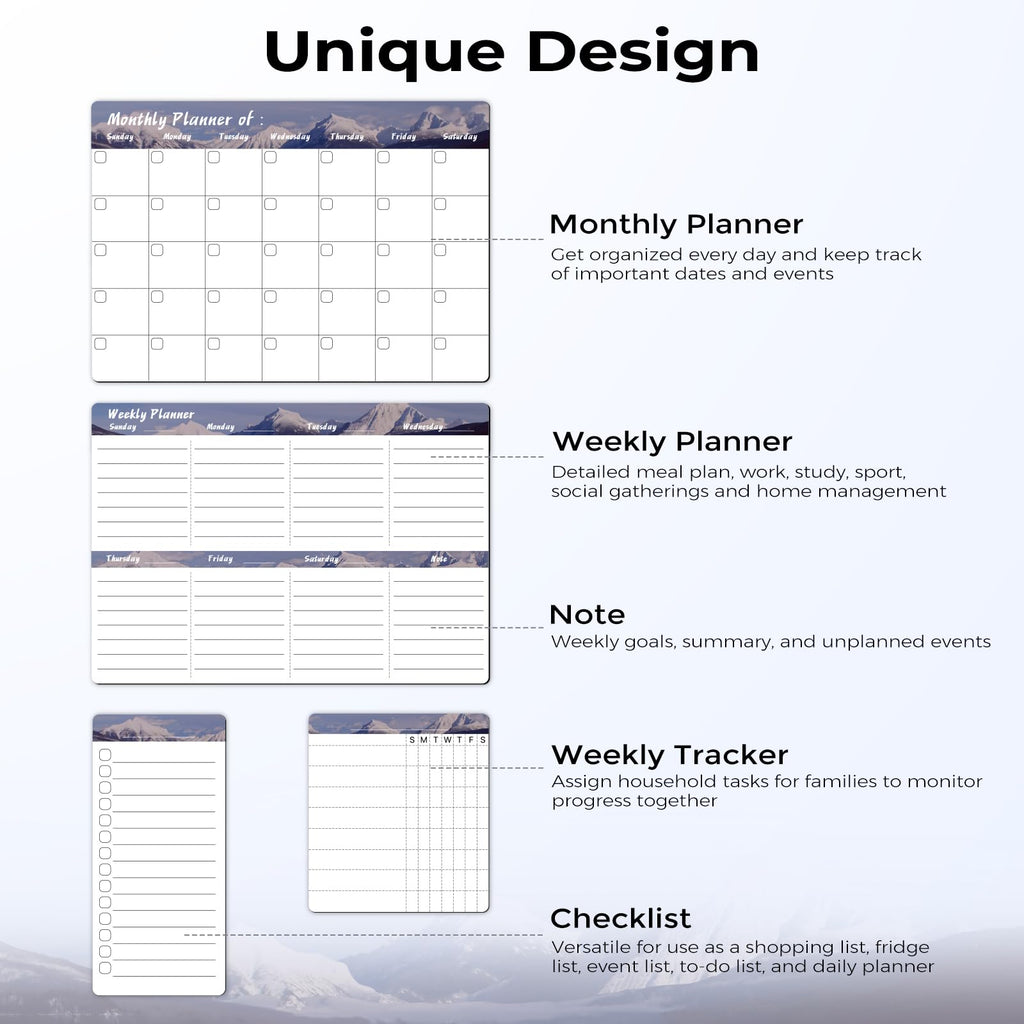 MARSROCK Refrigerator Calendar Magnetic, 16.3x11.7” (4-Pack) – Weekly & Monthly Planner, Chore Chart, Grocery/to-Do List for Fridge, Includes 8 Markers, 6 Magnets & 1 Eraser for Kitchen, Gray