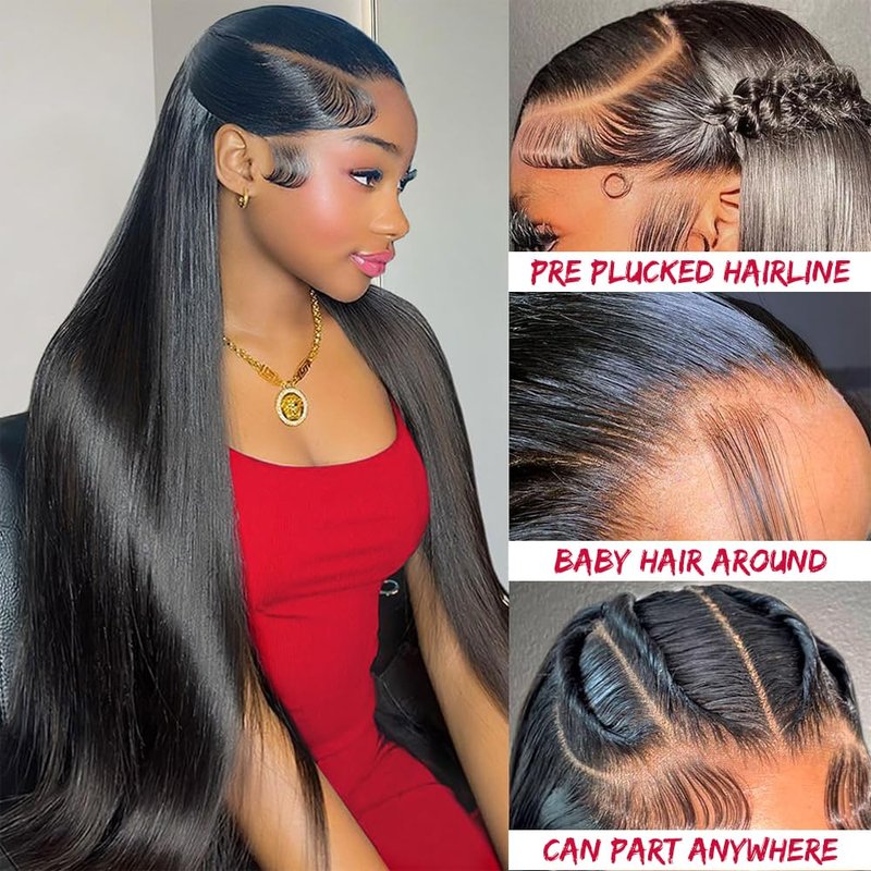 UYCLEJX Straight Wigs Human Hair 32 Inch Straight Human Hair Wig 13x6 HD Lace Front Wigs Human Hair Pre Plucked 200 Density Straight Wig Glueless Wigs For Black Women Natural Color