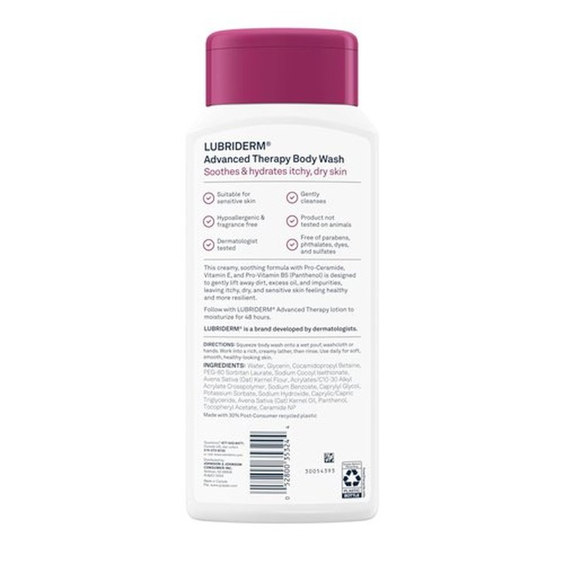 Lubriderm Advanced Therapy Body Wash, Unscented Nourishing Cleanser with Pro-Ceramide, Vitamin E & Pro-Vitamin B5 Gently Cleanses Itchy, Dry Skin, Fragrance Free, Hypoallergenic, 16 fl. oz